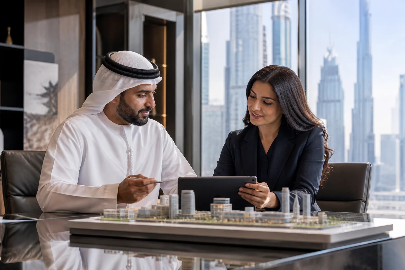 Business leaders reviewing an international investment opportunity